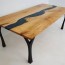 dining table with blue green river for