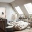 a bedroom with a slanted ceiling