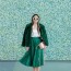 green satin pleated midi skirt and faux